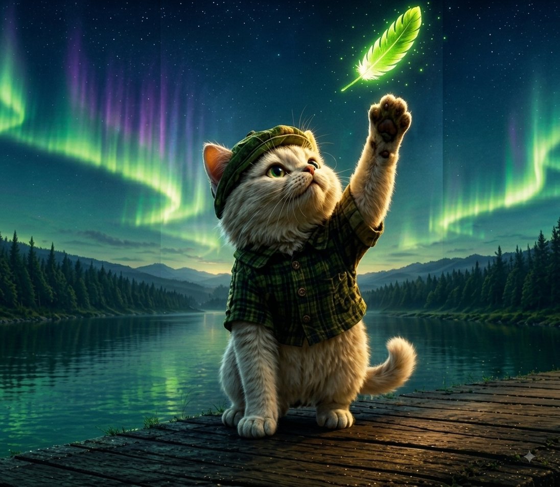 Cat in a green cap reaching for a glowing feather under the aurora