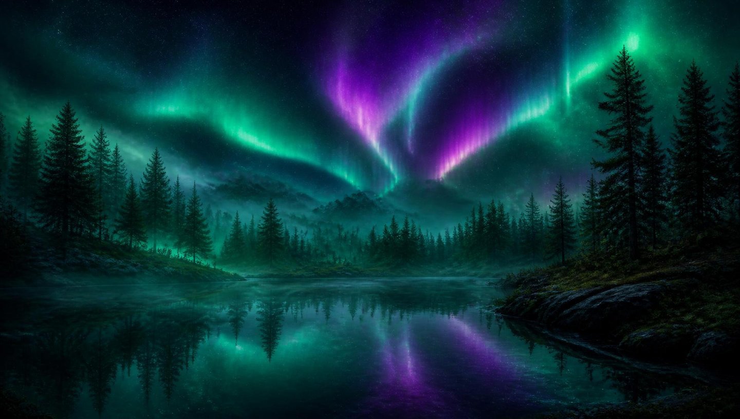 Aurora borealis over a pine forest lake